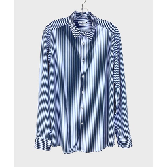 Zara Men’s Slim Fit Button Up Shirt Size L Blue White Striped Stretch - Picture 1 of 6